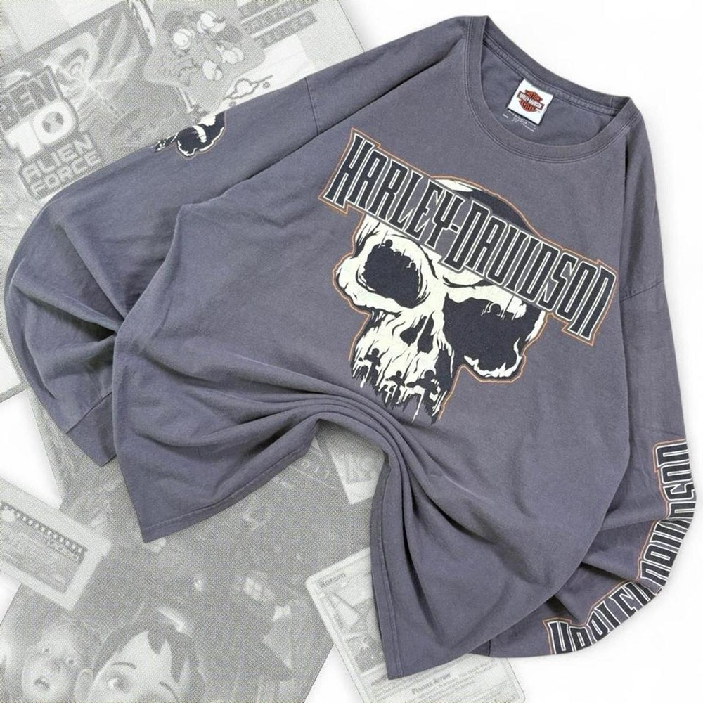 Vintage Harley Davidson Skull Graphic Long Sleeve Shirt Navy Blue Mens XL PA
